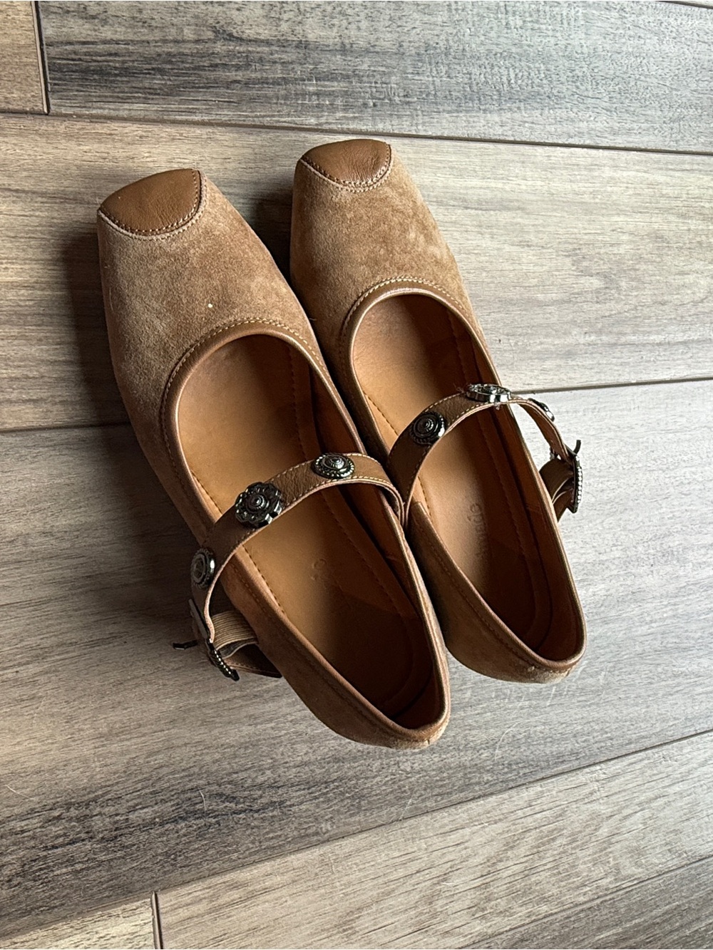 Women’s Tan Suede Mary Jane Clog Flats with Decorative Buckle Size 6